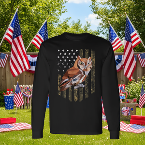 Maglietta a maniche lunghe con bandiera americana Eastern Screech Owl, design del 4 luglio - Product Image 3