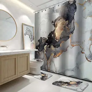 Thicken Designer Polyester Print Marble Shower Curtain Bath Mats Set Waterproof Shower Curtain Sets And Toilet Rug Set