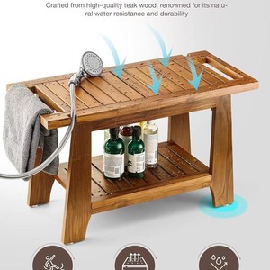 Tabouret de douche en bois Kaijiang Home Furnishings, deux niveaux, chaise de bain en teck avec étagère de rangement pour salle de bain - Product Image 4