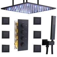 Ensemble de robinetterie de douche encastrée en laiton noir moderne de 20 pouces avec LED, fonction pluie, thermostatique, jets doux et massage, pour hôtel