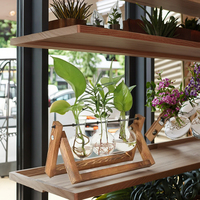 Support de terrarium en bois moderne et écologique pour la décoration de jardin, avec vase en verre pour plantes aériennes et support métallique pivotant à 3 ampoules