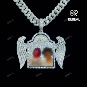 Kalung perak 925 Vvs Moissanite kustom kalung Hip Hop memori dapat diputar foto berlian liontin Gambar perhiasan halus pria