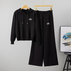 Ensemble de vêtements de détente en tricot doux pour femmes, sweat à capuche brodé et <span class=keywords><strong>pantalon</strong></span> large, tenue deux pièces - Product Image 6