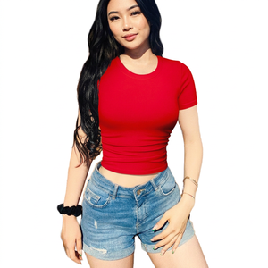 Women's <b>Red</b> Seamless <b>Crop</b> <b>Top</b> Short Sleeve Crew Neck Skinny Fit Solid Color Yoga Shirt for Gym Workout - Product Image 2