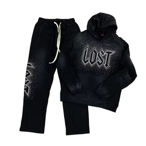 ผู้ผลิตเสื้อฮู้ดดี้ผู้ชายแบบสวมหัวพร้อมกางเกงขายาว ชุด 2 ชิ้น ลวดลายซักย้อมแบบแอซิดวอช  ปักโลโก้ตามสั่ง  งานถักทออย่างประณีต  ผ้าฝ้าย 100% - Product Image 1