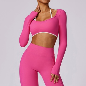 Women's Elastic Long Sleeve Yoga <strong>Legging</strong> and Tops Set Solid Pattern Quick Dry Size XL Spandex Material <strong>Cropped</strong> V Cut - Product Image 4