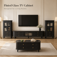Buffet moderne de luxe en verre cannelé, bois massif finition noire, avec tiroirs de rangement pour salle à manger, salon et cuisine