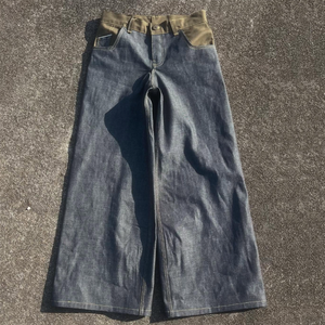 High Street Button Fly giapponese in jeans eco-friendly Streetwear Hip Hop con pannelli a contrasto larghi in Denim grezzo largo carico - Product Image 3