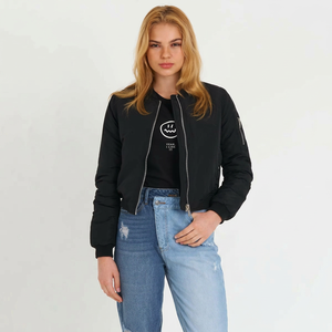 Chaqueta Bomber Negra Impermeable para Mujer, con Cuello Alto, Cierre de Cremallera, Resistente al Viento, Color Sólido, Poliéster, para Otoño - Product Image 6