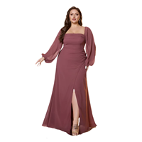 Robe de soirée longue pour femme, taille plus, design luxueux à manches bouffantes, col carré, décontractée, glamour, dos nu, fente haute, couleur unie