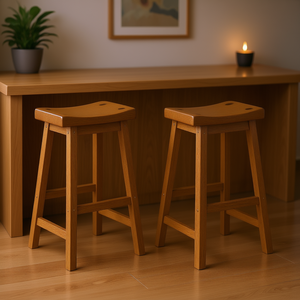 Tabourets de bar en bois massif finition chêne, assise en forme de selle, 29 pouces, lot de 2, pour bar, maison, salle à manger décontractée - Product Image 2