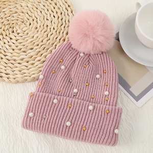 Gorro de punto de moda con perla invierno cálido Color sólido liso colorido gorro de punto sombreros Gorro con pompón - Product Image 5
