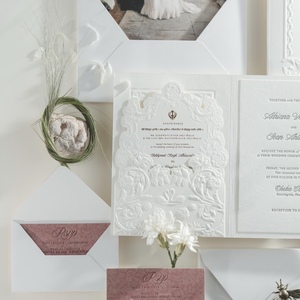 Luxury Floral Embossed Wedding Invitation Suite with Custom Die Cut Offset <b>Printed</b> <b>Paper</b> Envelope Liner and RSVP Card - Product Image 1