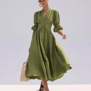 <span class=keywords><strong>Robe</strong></span> longue d'été Vintage personnalisée pour femmes 100% lin pur A-ligne col en V demi-manches courtes bouffantes solide fente bouton de couleur verte - Product Image 6