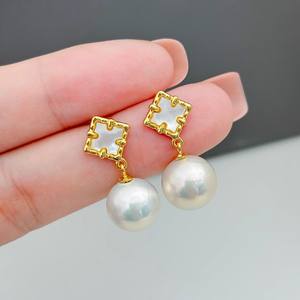 22377DIY Pendientes de Plata de Ley S925 de Moda Sencilla con Cuentas Redondas de 9-15 mm, Base Vacía y Accesorios de Perlas para Oreja - Product Image 1