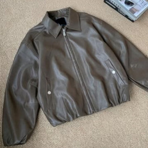 Vintage <strong>Brown</strong> Textured <strong>Leather</strong> Fashionable Formal Style Zipper Closure Breathable Cotton Polyester for Autumn <strong>Men</strong> s <strong>Jackets</strong> - Product Image 2