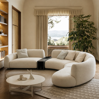 Ensemble de canapés modulaires en chenille courbés en forme de croissant de lune, avec double chaise longue, structure en bois de marron, mousse haute densité, style moderne et minimaliste
