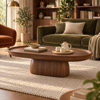 Table basse de luxe ovale longue en placage de bois véritable avec plateau et base sur piétement, mobilier de salon, vente en gros OEM