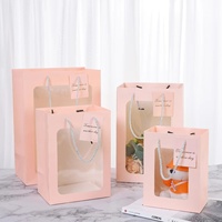 Tas Kertas Putih Siap Pakai dengan Jendela Transparan, Tas Kemasan Hadiah Kreatif, Desain Buket Bunga Cetak Offset
