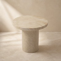 Table basse ronde contemporaine moderne en travertin naturel, bord poli, base cylindrique en pierre, taille personnalisée