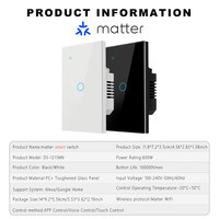 Interrupteur intelligent Wi-Fi For Matter, norme américaine, 1/2/3/4 gangs, panneau tactile en verre, fil neutre requis, câblage N+L