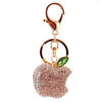 Gantungan Kunci Carabiner Unisex Promosi Mewah Berhias Rhinestone dari Paduan Seng dengan Sablon Desain Apel Lucu