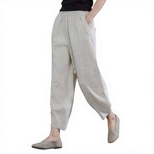 Pantalones teñidos de lino puro de fabricación personalizada para mujer Pantalones de mujer de lino de ajuste de verano con parte delantera plana sostenible - Product Image 1