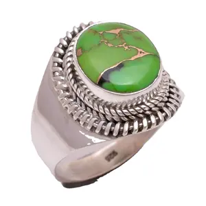 天然绿铜绿松石戒指925纯银批量批发细银戒指印度银饰品供应商
