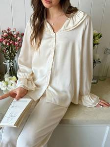 Modal Custom Solid Sleepwear Peter Pan Collar Elegant Satin <strong>Pyjamas</strong> Long Sleeve Winter PJ Bamboo Pajamas for Women Set - Product Image 2