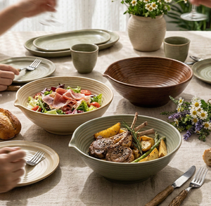 Vajilla de Cerámica Rústica de Estilo Natural, Tazón de Cerámica Texturizado Hecho a Mano con Boquilla para Servir, para Ensaladas, Filetes, Pasta, Cocina, Restaurante - Product Image 5