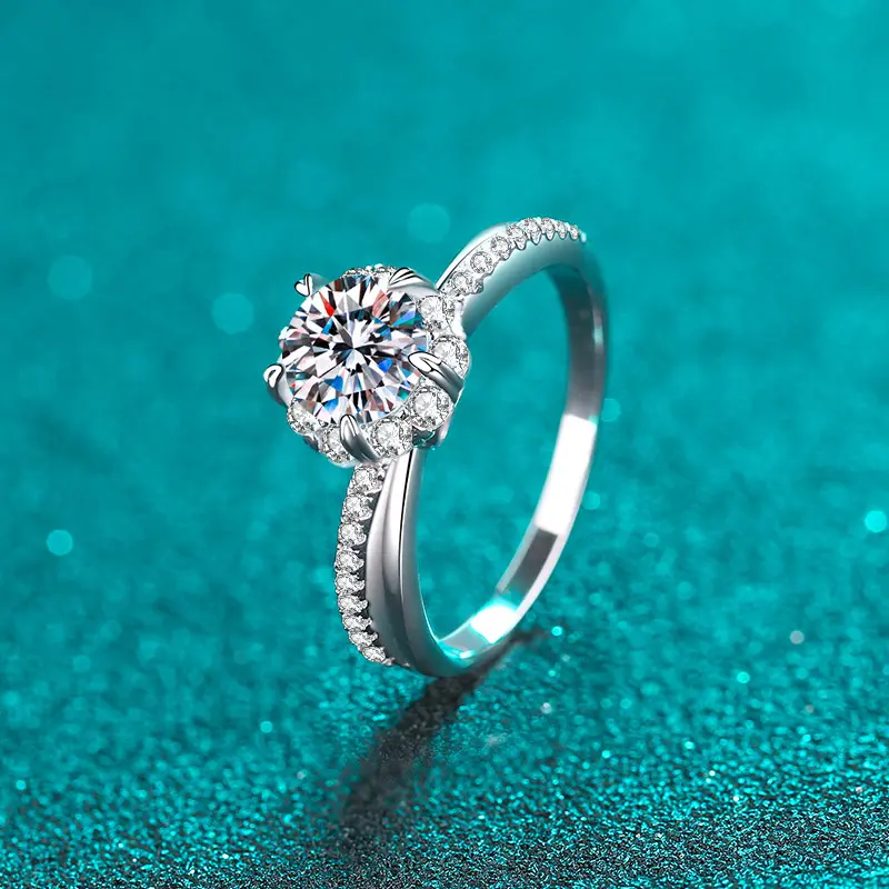 תכשיטי פלטינה מצופה 1CT Moissanite יהלומי טבעת 925 כסף סטרלינג חתונת אירוסין אישית גבוהה באיכות נצח טבעת