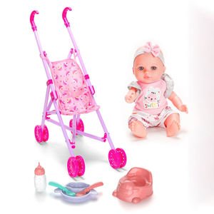 Poussette pour poupée en vinyle de 12 pouces avec accessoires d'alimentation, jouet à pousser pour jeu d'imitation pour enfants, apprentissage précoce, cadeau parent-enfant - Product Image 1