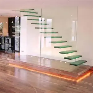 Современные Роскошные прозрачные плавающие лестницы из закаленного стекла со светодиодными прицелами
