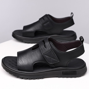 Sandalias de hombre con correa en T, de cuero genuino, punta abierta, con cierre de velcro, casuales, transpirables, para verano, con suela de goma. - Product Image 3