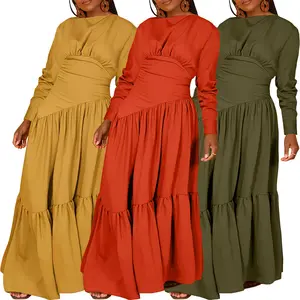 ملابس نسائية خريفي كاجوال عصري بأكمام طويلة من النايلون بلون سادة فستان طويل فضفاض نسائي طويل بطيات