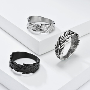 Men's Leaf Pattern <b>Titanium</b> Steel <b>Ring</b> Black Antique Silver Steel Color Gift Jewelry - Product Image 1