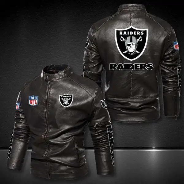 Wholesale NFLE Raiders American Football Team Motorcycle Jacket Men's Baseball Zip Jacket Long Leather Jackets For Men