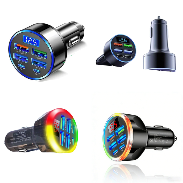 Trending Products 2026 New Arrivals 6 in 1 USB Car Charger with Voltage Display 2 Type C 4 USB a Multi Port Fast Charging