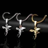 Collar con Colgante de Ángel RQ, Estilo Hip Hop, Diamantes de Imitación, Chapado en Oro Blanco y Plata Vintage, Colgante de Ángel Guardián