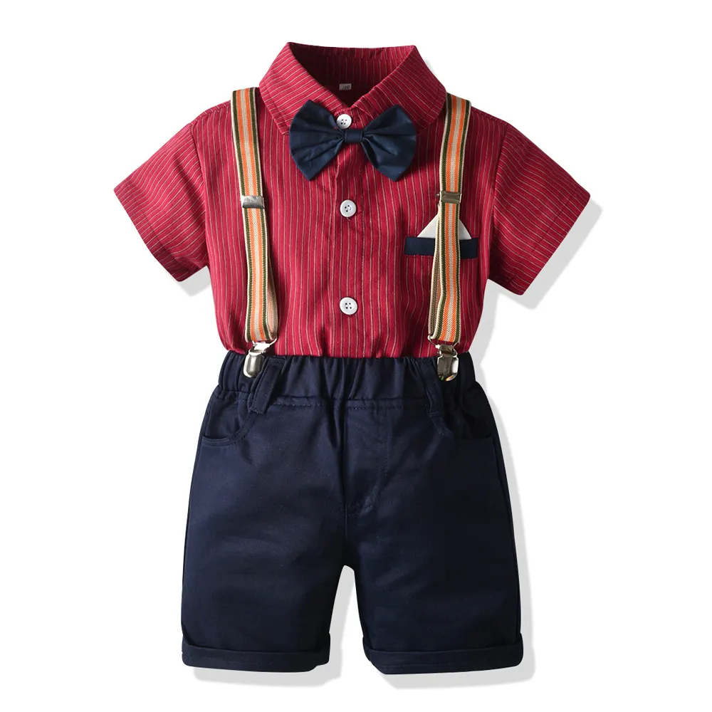 Sommeranzug Junge Gentleman-Bekleidung Bogenkrawatte rot gestreiftes Hemd weiß dunkelblau Höschen Geburtstagskleidung für Kleinkinder Kinderbekleidungssets