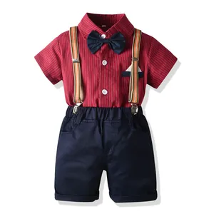 Summer Suit Boy Gentleman Clothes Bow Tie Red Striped Shirt +White&Dark Blue Pants Birthday Outfit for Toddler Kids Clothes Sets