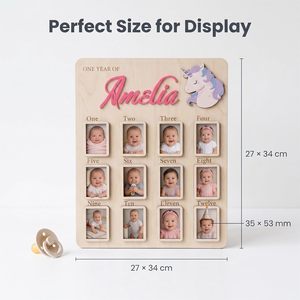 Tableau photo personnalisé en bois et acrylique avec emplacements pour 12 mois, lettres découpées au laser en relief 3D pour les étapes importantes de la première année de bébé - Product Image 4