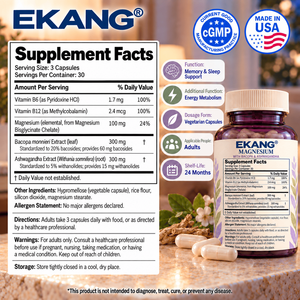 Cápsulas Vegetarianas de Magnesio Hechas en EE. UU. con Bacopa y Ashwagandha, Suplemento Dietético para Apoyar la Salud y el Metabolismo Energético - Product Image 2