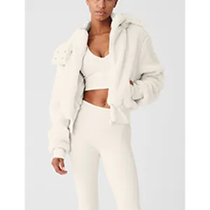 Custom Logo Windproof Outwear Winter Coat Zip Up Lightweight Oversize Hoodie Teddy Sherpa Polar Women Crop Fleece Jacket