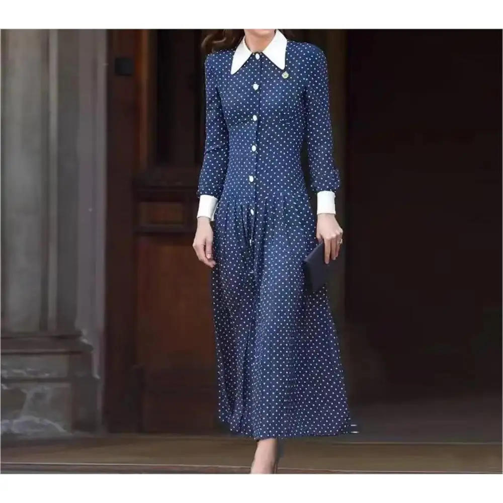 60s Style Women Navy Blue Vintage Dress Polka Dots Turn Down Collar Long Sleeve Single Breast Slit Casual Maxi Dress