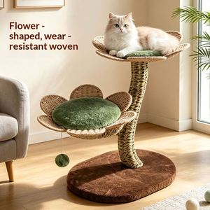 Arbre d'activités élégant pour chat à motif floral, plateforme en fleurs tressées naturelles, coussin moelleux, griffoir en sisal, balle de jeu interactive suspendue - Product Image 2