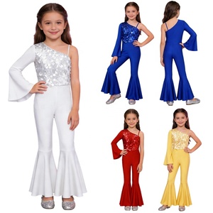 8-14 Kids Girls Dance <b>Clothes</b> Jumpsuit Flared Sleeve Bell-Bottom Asymmetrical Bodysuit For Pageant Birthday Party Weddings - Product Image 1