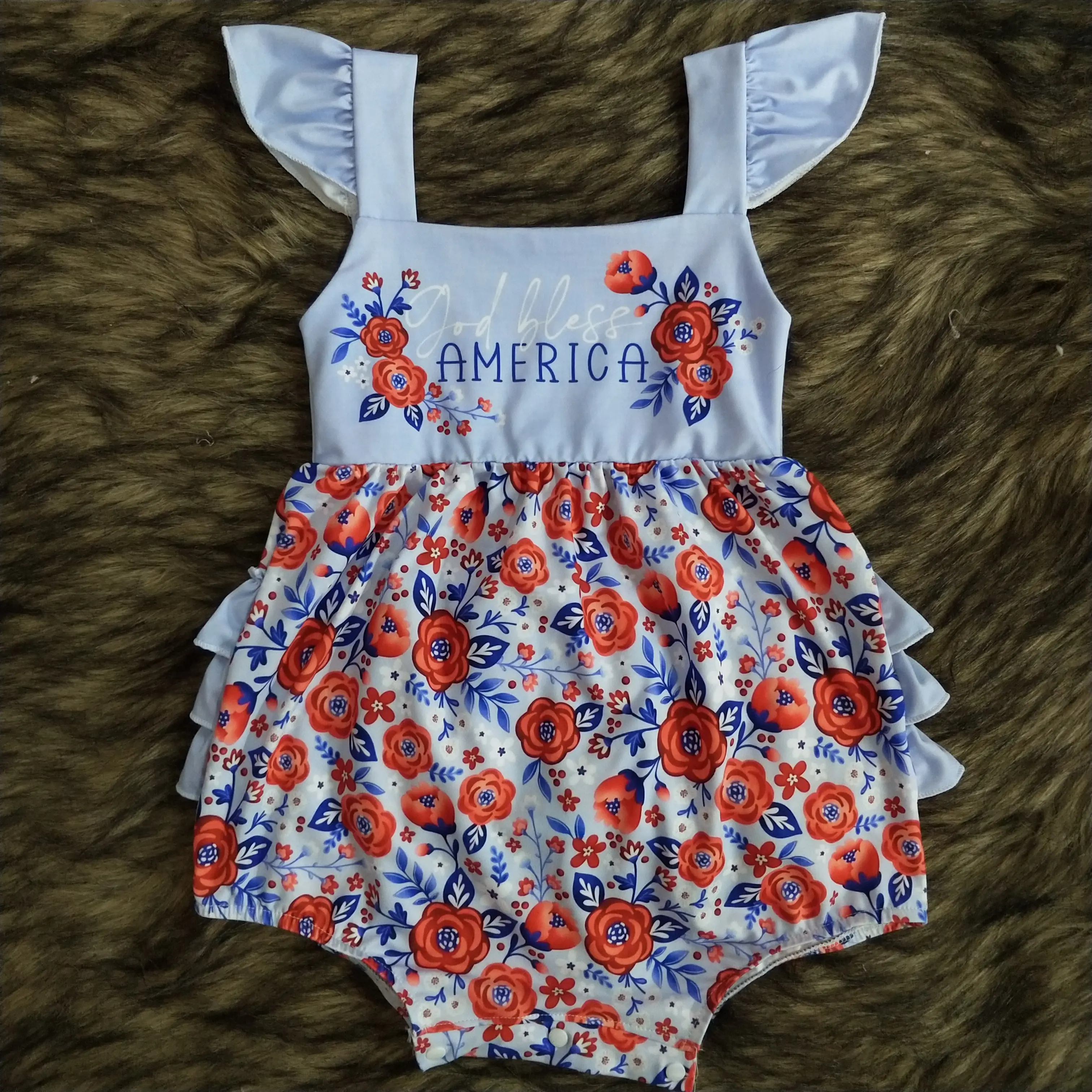 Vendita calda 4 luglio applique flutter sleeve baby summer pagliaccetto 3 ruffles new born baby clothes