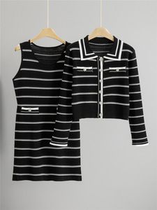 Ensemble deux pièces élégant en tricot rayé pour <span class=keywords><strong>femme</strong></span>, cardigan à col <span class=keywords><strong>marin</strong></span>, robe moulante sans manches, tenue décontractée pour tous les jours - Product Image 2