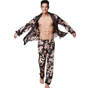 Ipek rahat uzun kollu erkek uzun elbise pijama ev kuşaklı pijama sabahlık